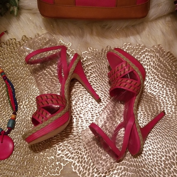 Cole Haan Ankle Strap Shrimp Vachetta Leather Heeled Sandals - Picture 2 of 8